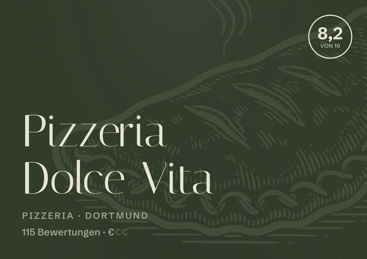 Illustriertes Poster von Pizzeria Dolce Vita, Pizzeria in Dortmund: Bewertung 8,2 von 10 aus 115 Bewertungen, Preisniveau €