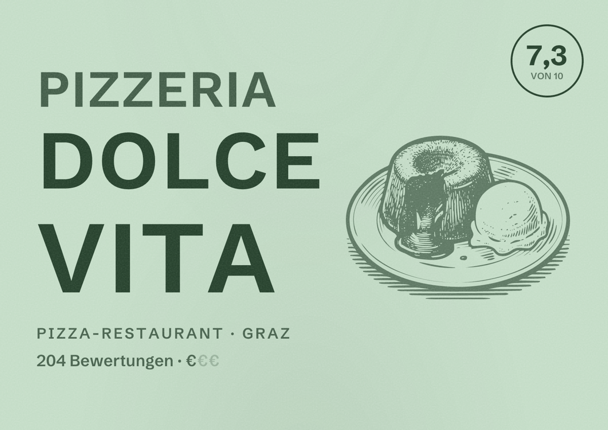 Illustriertes Poster von Pizzeria Dolce Vita, Pizza-Restaurant in Graz: Bewertung 7,3 von 10 aus 204 Bewertungen, Preisniveau €