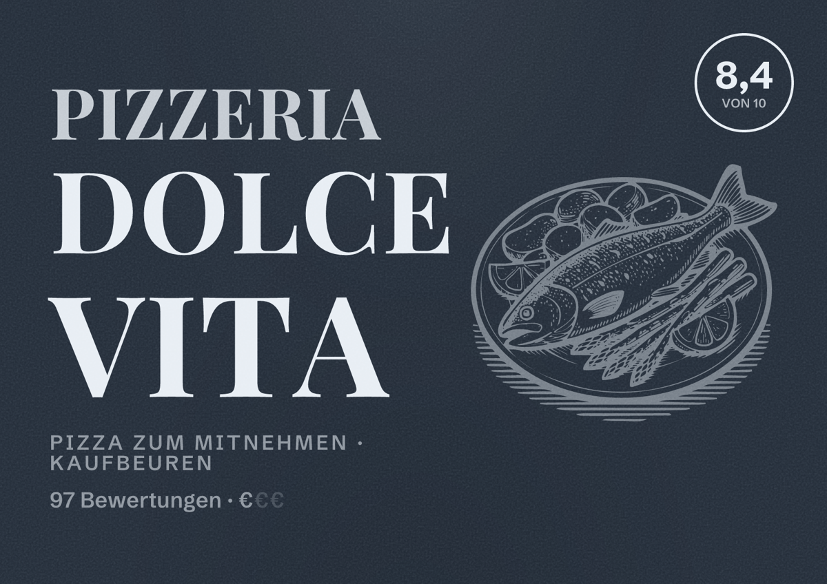 Illustriertes Poster von Pizzeria Dolce Vita, Pizza zum Mitnehmen in Kaufbeuren: Bewertung 8,4 von 10 aus 97 Bewertungen, Preisniveau €