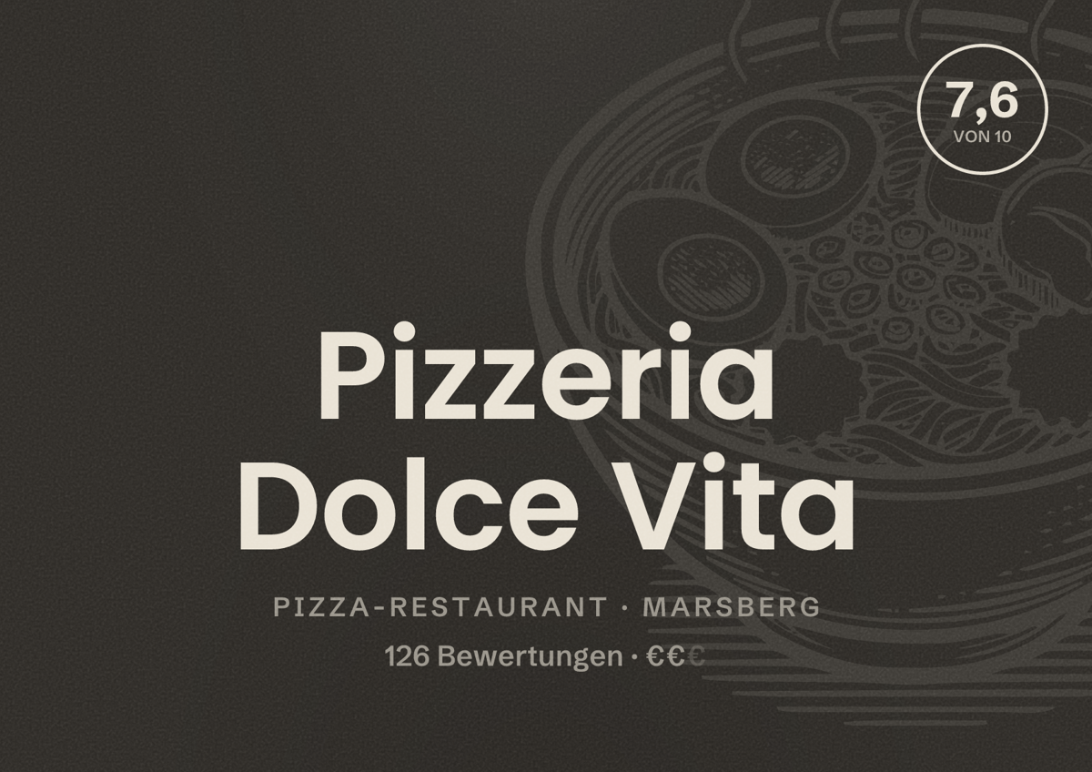 Illustriertes Poster von Pizzeria Dolce Vita, Pizza-Restaurant in Marsberg: Bewertung 7,6 von 10 aus 126 Bewertungen, Preisniveau €€