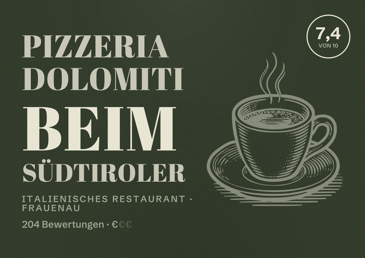 Illustriertes Poster von Pizzeria Dolomiti beim Südtiroler, Italienisches Restaurant in Frauenau: Bewertung 7,4 von 10 aus 204 Bewertungen, Preisniveau €