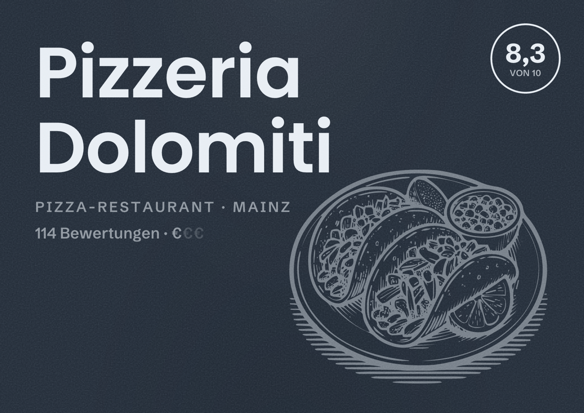 Illustriertes Poster von Pizzeria Dolomiti, Pizza-Restaurant in Mainz: Bewertung 8,3 von 10 aus 114 Bewertungen, Preisniveau €