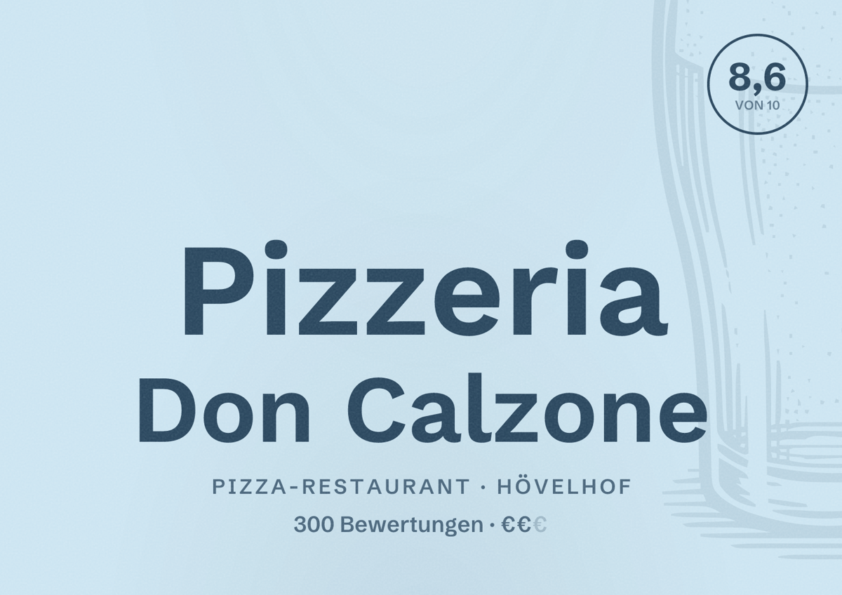 Illustriertes Poster von Pizzeria Don Calzone, Pizza-Restaurant in Hövelhof: Bewertung 8,6 von 10 aus 300 Bewertungen, Preisniveau €€