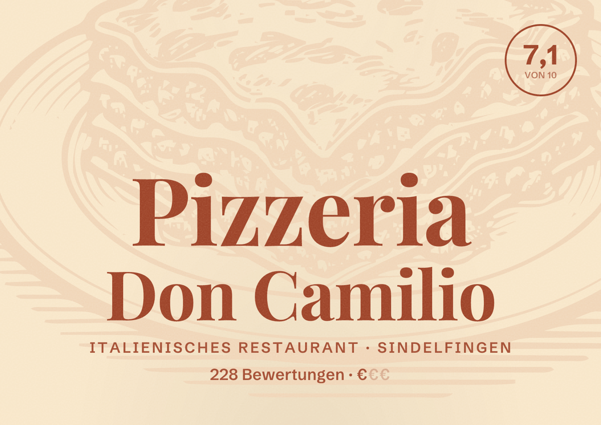 Illustriertes Poster von Pizzeria Don Camilio, Italienisches Restaurant in Sindelfingen: Bewertung 7,1 von 10 aus 228 Bewertungen, Preisniveau €