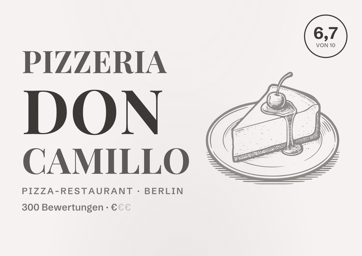 Illustriertes Poster von Pizzeria Don Camillo, Pizza-Restaurant in Berlin: Bewertung 6,7 von 10 aus 300 Bewertungen, Preisniveau €