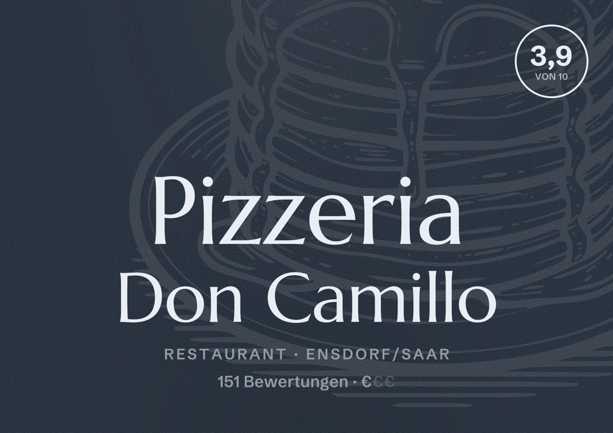 Illustriertes Poster von Pizzeria Don Camillo, Restaurant in Ensdorf/Saar: Bewertung 3,9 von 10 aus 151 Bewertungen, Preisniveau €