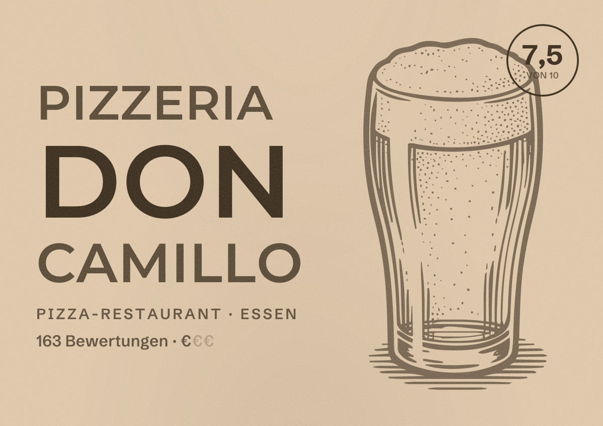 Illustriertes Poster von Pizzeria Don Camillo, Pizza-Restaurant in Essen: Bewertung 7,5 von 10 aus 163 Bewertungen, Preisniveau €