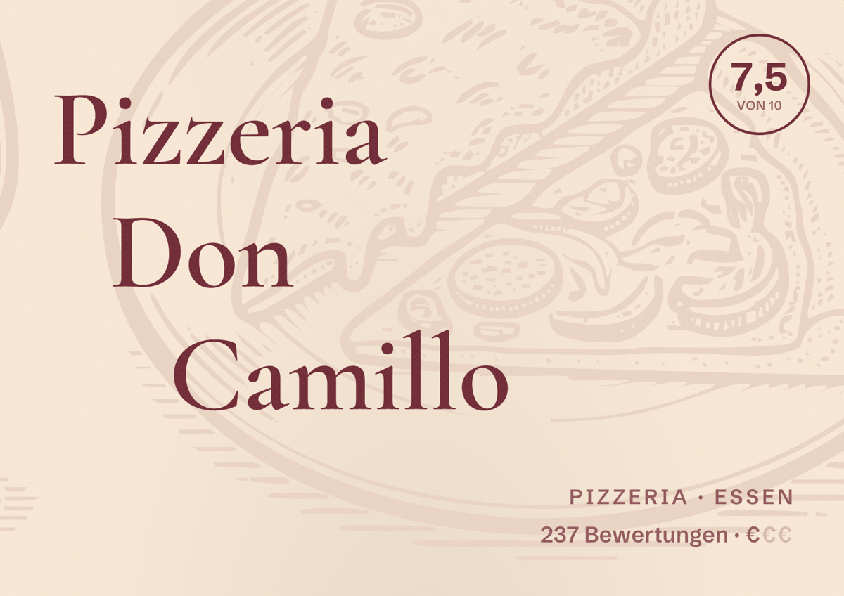 Illustriertes Poster von Pizzeria Don Camillo, Pizzeria in Essen: Bewertung 7,5 von 10 aus 237 Bewertungen, Preisniveau €