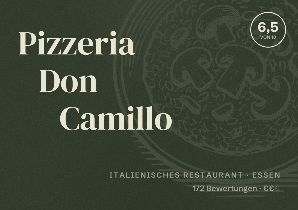 Illustriertes Poster von Pizzeria Don Camillo, Italienisches Restaurant in Essen: Bewertung 6,5 von 10 aus 172 Bewertungen, Preisniveau €€