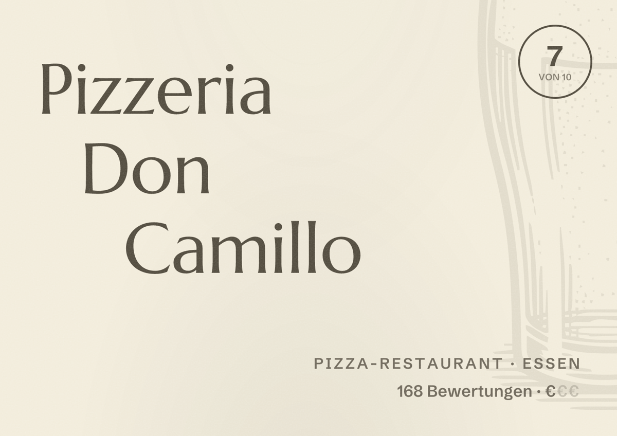 Illustriertes Poster von Pizzeria Don Camillo, Pizza-Restaurant in Essen: Bewertung 7 von 10 aus 168 Bewertungen, Preisniveau €