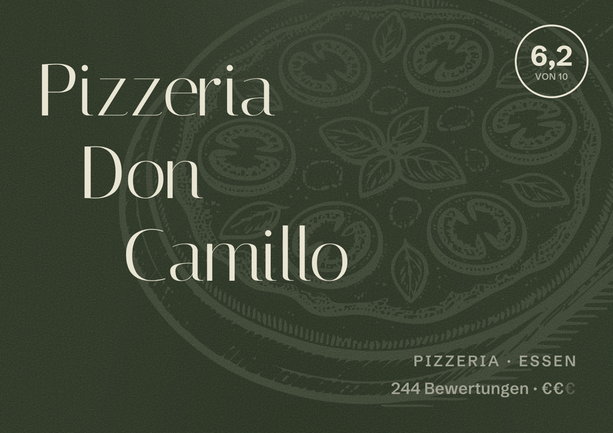 Illustriertes Poster von Pizzeria Don Camillo, Pizzeria in Essen: Bewertung 6,2 von 10 aus 244 Bewertungen, Preisniveau €€
