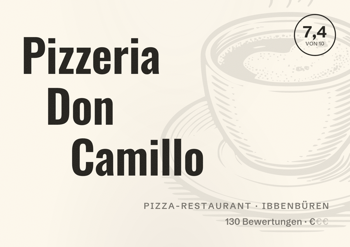 Illustriertes Poster von Pizzeria Don Camillo, Pizza-Restaurant in Ibbenbüren: Bewertung 7,4 von 10 aus 130 Bewertungen, Preisniveau €