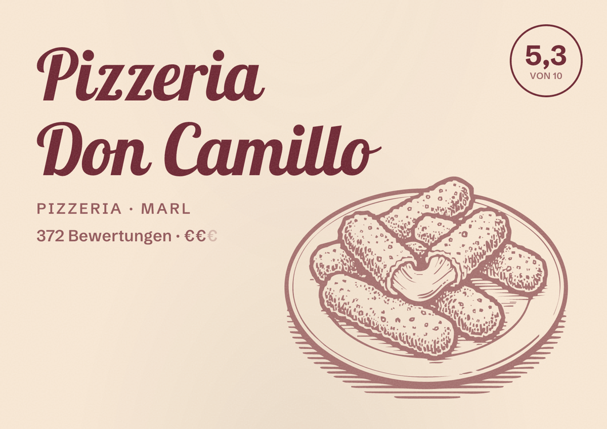 Illustriertes Poster von Pizzeria Don Camillo, Pizzeria in Marl: Bewertung 5,3 von 10 aus 372 Bewertungen, Preisniveau €€