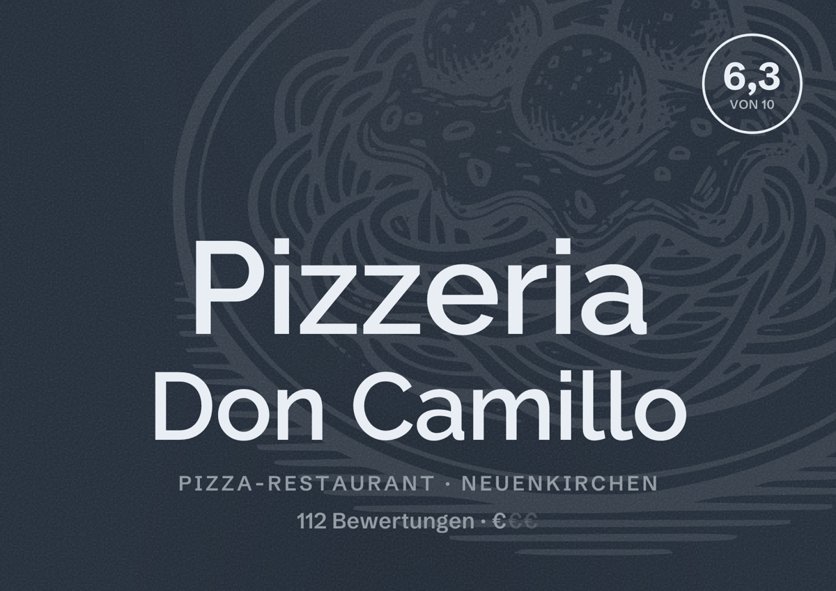 Illustriertes Poster von Pizzeria Don Camillo, Pizza-Restaurant in Neuenkirchen: Bewertung 6,3 von 10 aus 112 Bewertungen, Preisniveau €