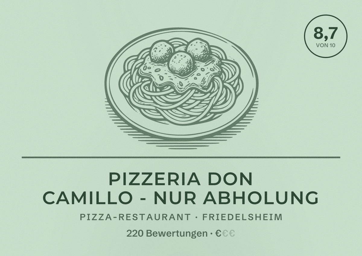 Illustriertes Poster von Pizzeria Don Camillo - NUR ABHOLUNG, Pizza-Restaurant in Friedelsheim: Bewertung 8,7 von 10 aus 220 Bewertungen, Preisniveau €
