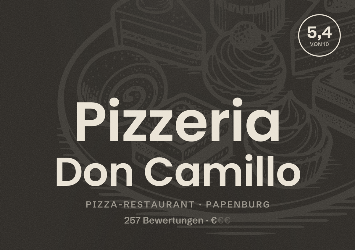 Illustriertes Poster von Pizzeria Don Camillo, Pizza-Restaurant in Papenburg: Bewertung 5,4 von 10 aus 257 Bewertungen, Preisniveau €
