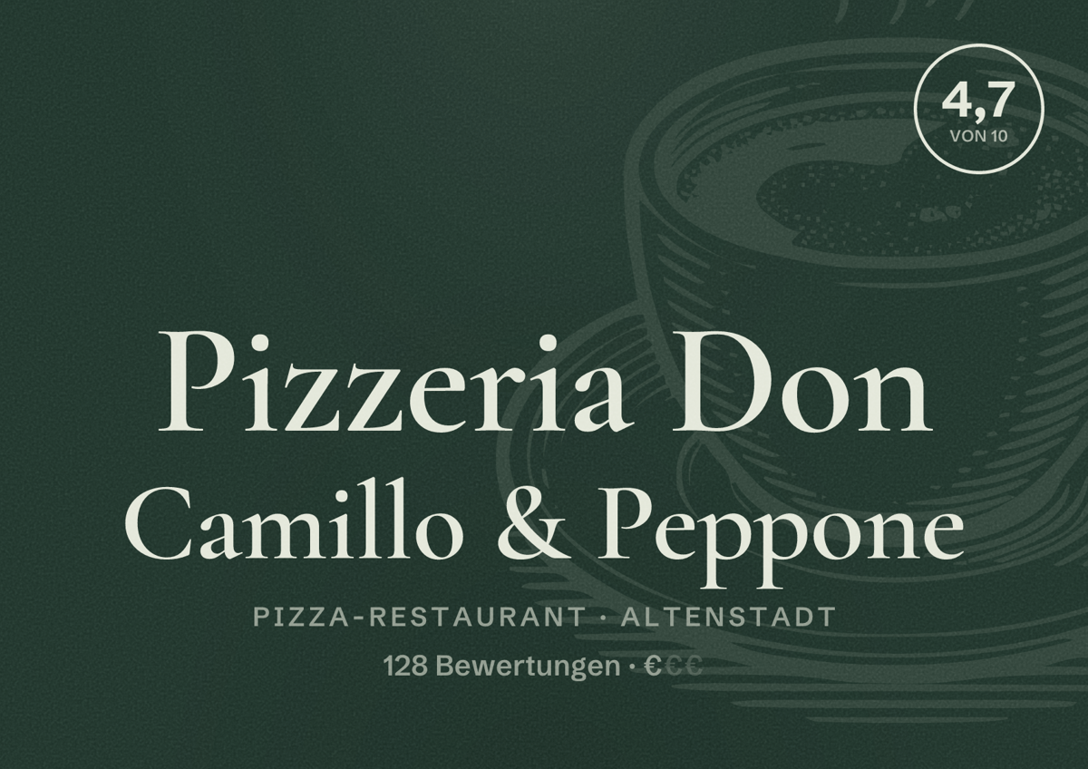 Illustriertes Poster von Pizzeria Don Camillo & Peppone, Pizza-Restaurant in Altenstadt: Bewertung 4,7 von 10 aus 128 Bewertungen, Preisniveau €