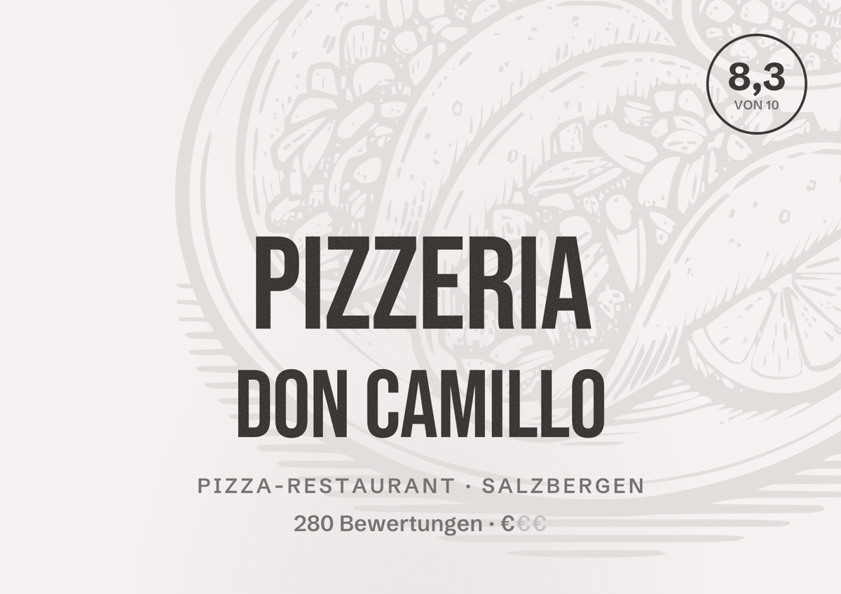 Illustriertes Poster von Pizzeria Don Camillo, Pizza-Restaurant in Salzbergen: Bewertung 8,3 von 10 aus 280 Bewertungen, Preisniveau €