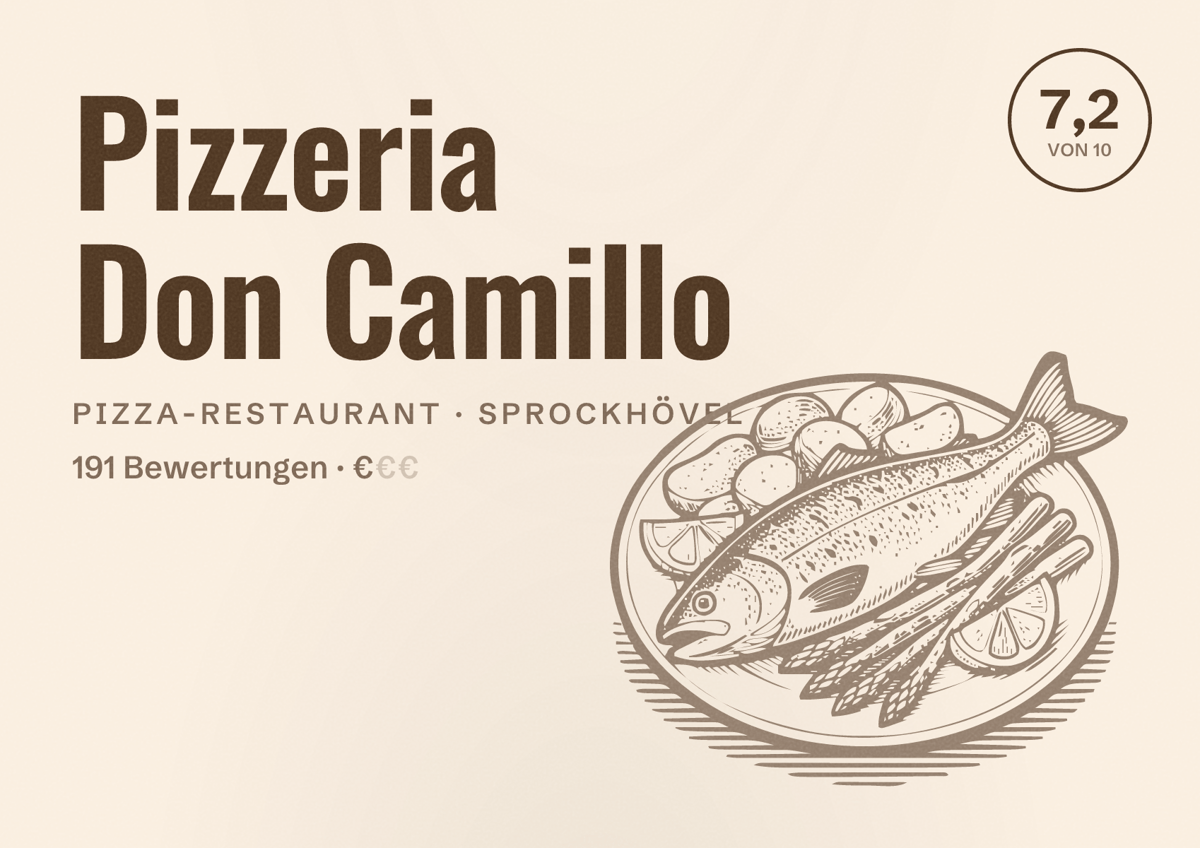 Illustriertes Poster von Pizzeria Don Camillo, Pizza-Restaurant in Sprockhövel: Bewertung 7,2 von 10 aus 191 Bewertungen, Preisniveau €