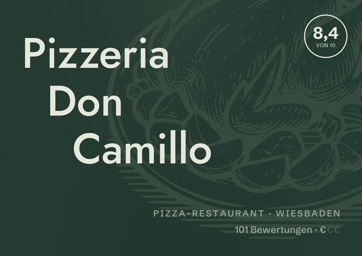 Illustriertes Poster von Pizzeria Don Camillo, Pizza-Restaurant in Wiesbaden: Bewertung 8,4 von 10 aus 101 Bewertungen, Preisniveau €