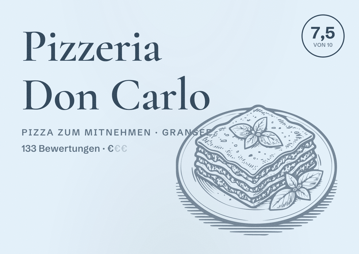 Illustriertes Poster von Pizzeria Don Carlo, Pizza zum Mitnehmen in Gransee: Bewertung 7,5 von 10 aus 133 Bewertungen, Preisniveau €