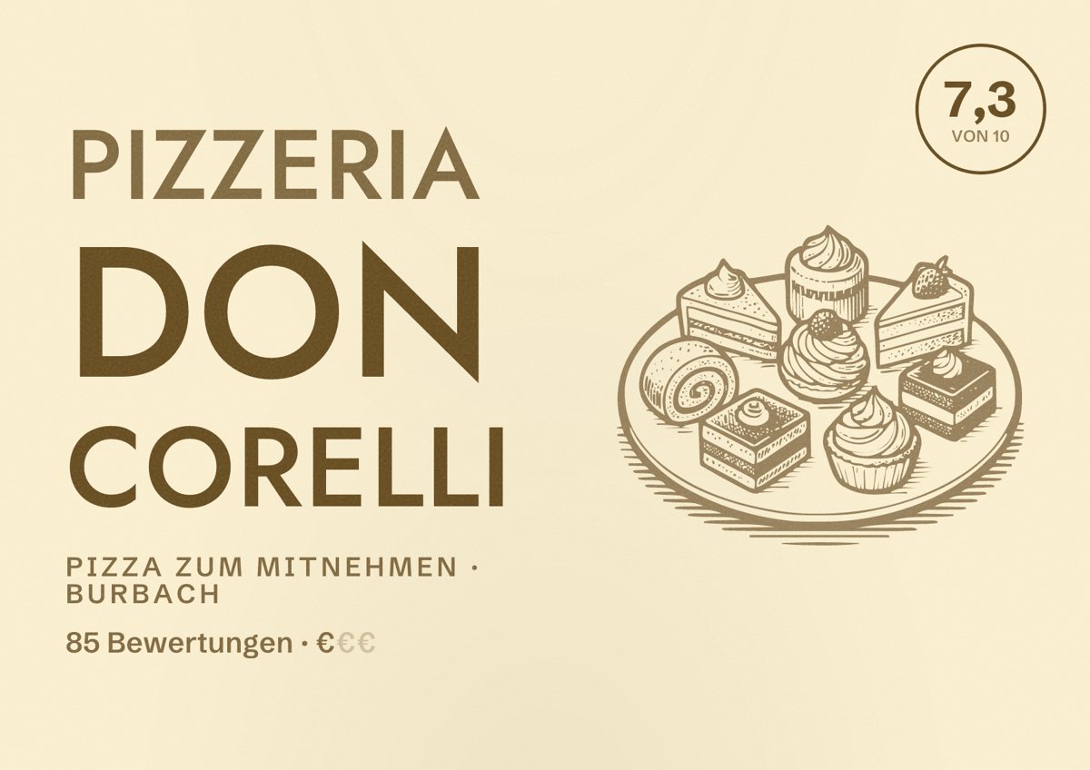 Illustriertes Poster von Pizzeria Don Corelli, Pizza zum Mitnehmen in Burbach: Bewertung 7,3 von 10 aus 85 Bewertungen, Preisniveau €