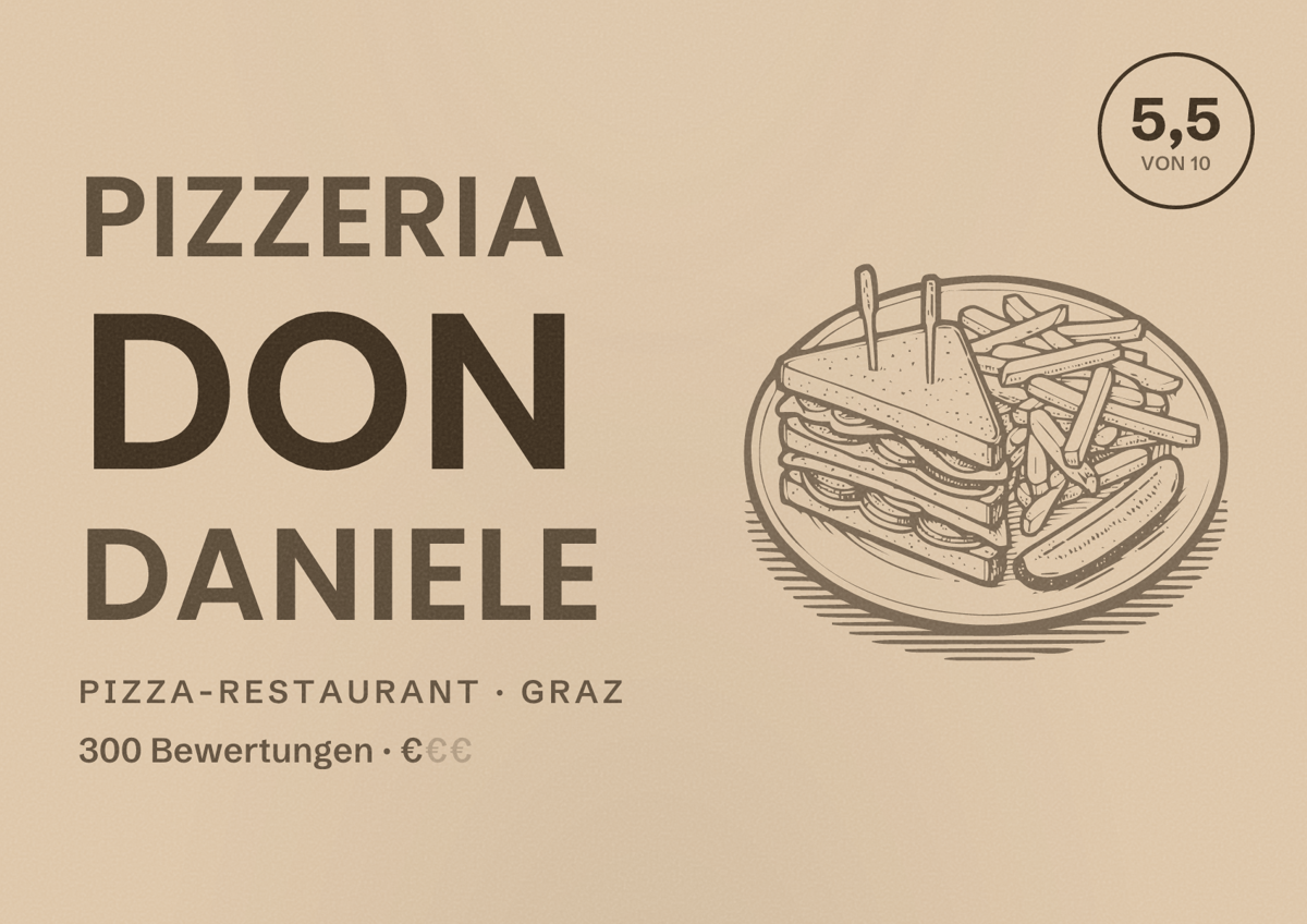 Illustriertes Poster von Pizzeria Don Daniele, Pizza-Restaurant in Graz: Bewertung 5,5 von 10 aus 300 Bewertungen, Preisniveau €