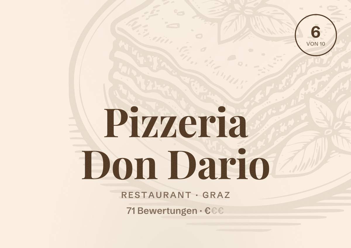 Illustriertes Poster von Pizzeria Don Dario, Restaurant in Graz: Bewertung 6 von 10 aus 71 Bewertungen, Preisniveau €