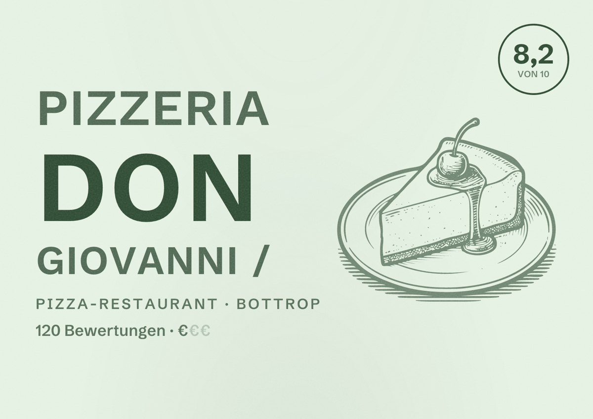 Illustriertes Poster von Pizzeria Don Giovanni /, Pizza-Restaurant in Bottrop: Bewertung 8,2 von 10 aus 120 Bewertungen, Preisniveau €