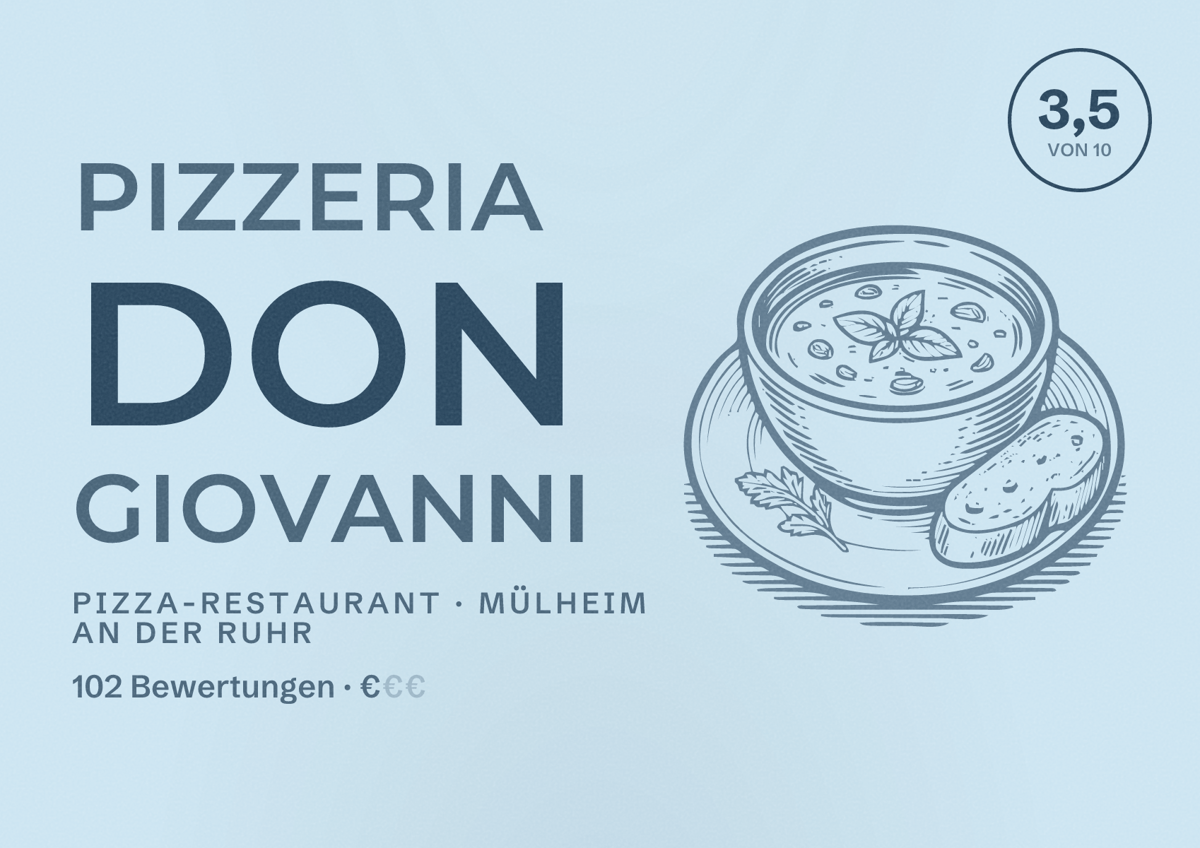 Illustriertes Poster von Pizzeria Don Giovanni, Pizza-Restaurant in Mülheim an der Ruhr: Bewertung 3,5 von 10 aus 102 Bewertungen, Preisniveau €