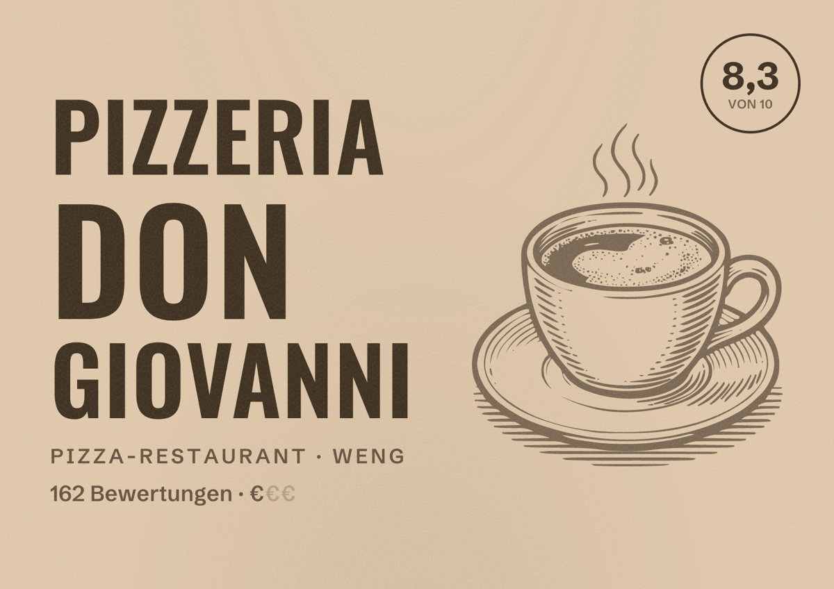 Illustriertes Poster von Pizzeria Don Giovanni, Pizza-Restaurant in Weng: Bewertung 8,3 von 10 aus 162 Bewertungen, Preisniveau €
