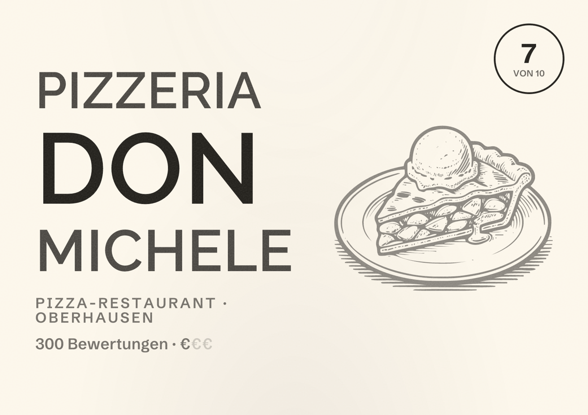 Illustriertes Poster von Pizzeria Don Michele, Pizza-Restaurant in Oberhausen: Bewertung 7 von 10 aus 300 Bewertungen, Preisniveau €