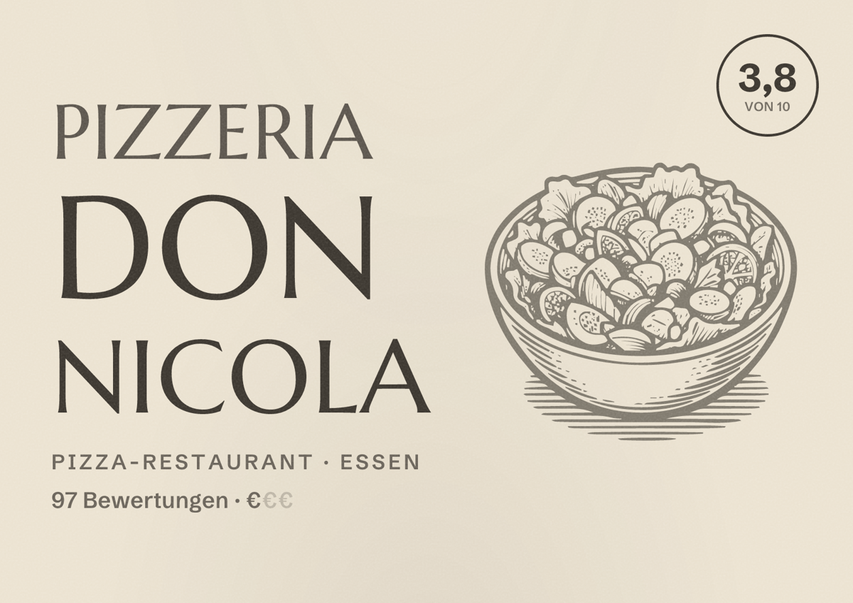 Illustriertes Poster von Pizzeria Don Nicola, Pizza-Restaurant in Essen: Bewertung 3,8 von 10 aus 97 Bewertungen, Preisniveau €