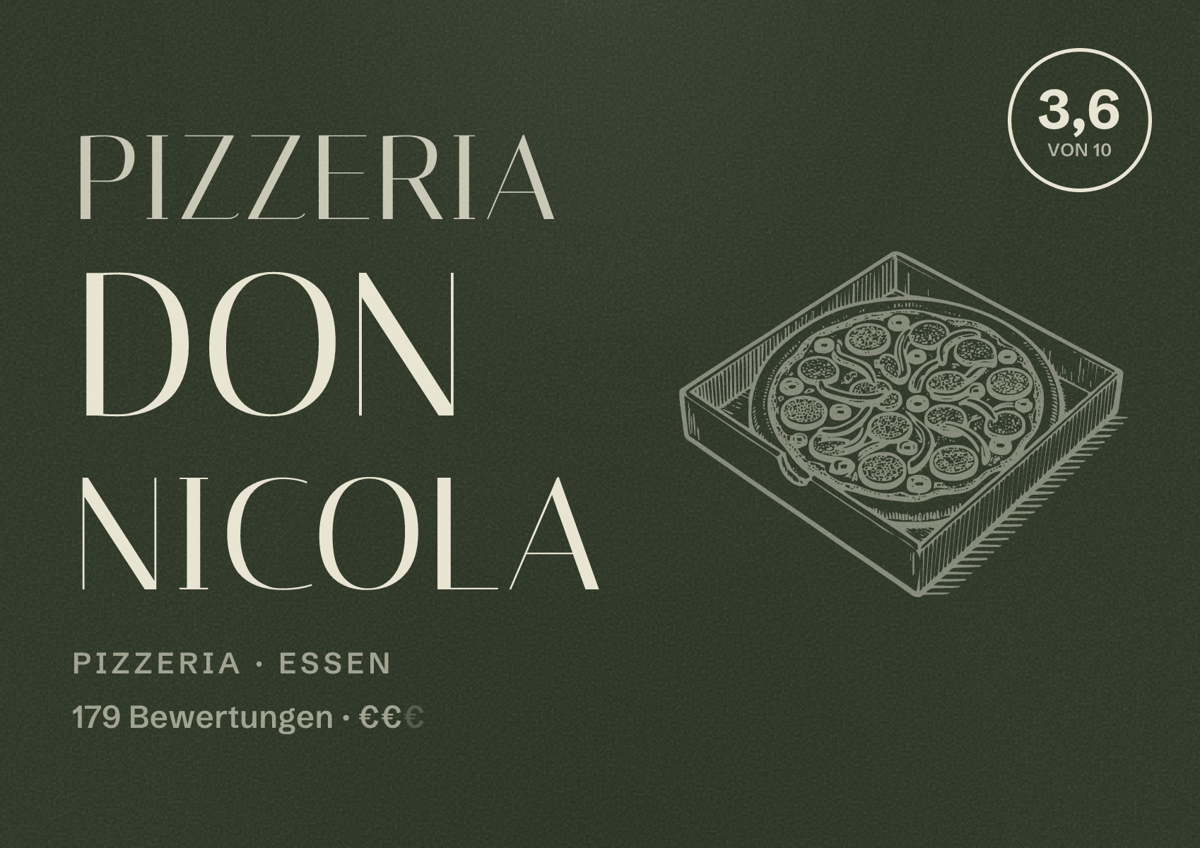 Illustriertes Poster von Pizzeria Don Nicola, Pizzeria in Essen: Bewertung 3,6 von 10 aus 179 Bewertungen, Preisniveau €€