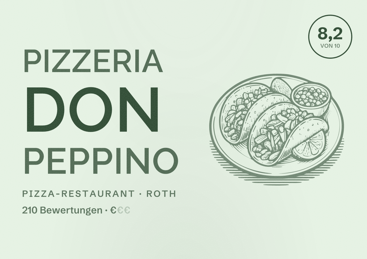 Illustriertes Poster von Pizzeria Don Peppino, Pizza-Restaurant in Roth: Bewertung 8,2 von 10 aus 210 Bewertungen, Preisniveau €