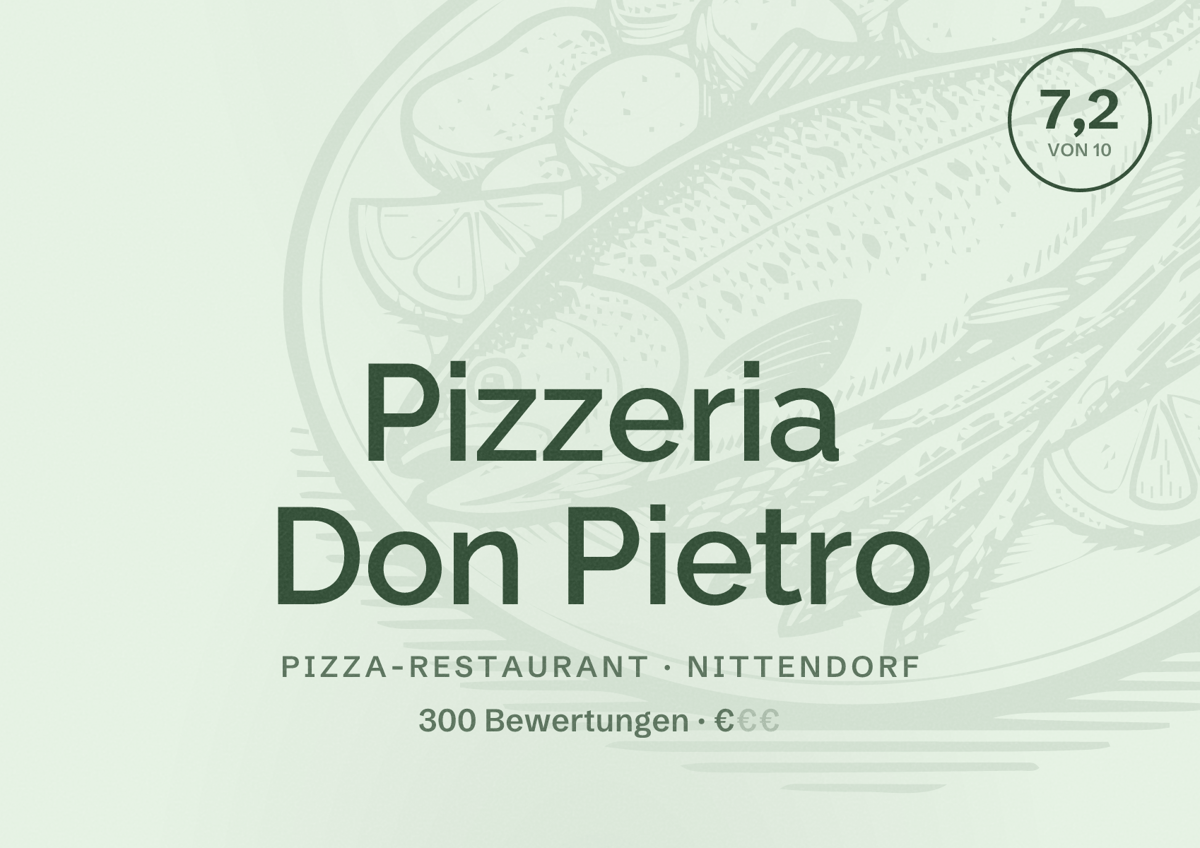 Illustriertes Poster von Pizzeria Don Pietro, Pizza-Restaurant in Nittendorf: Bewertung 7,2 von 10 aus 300 Bewertungen, Preisniveau €