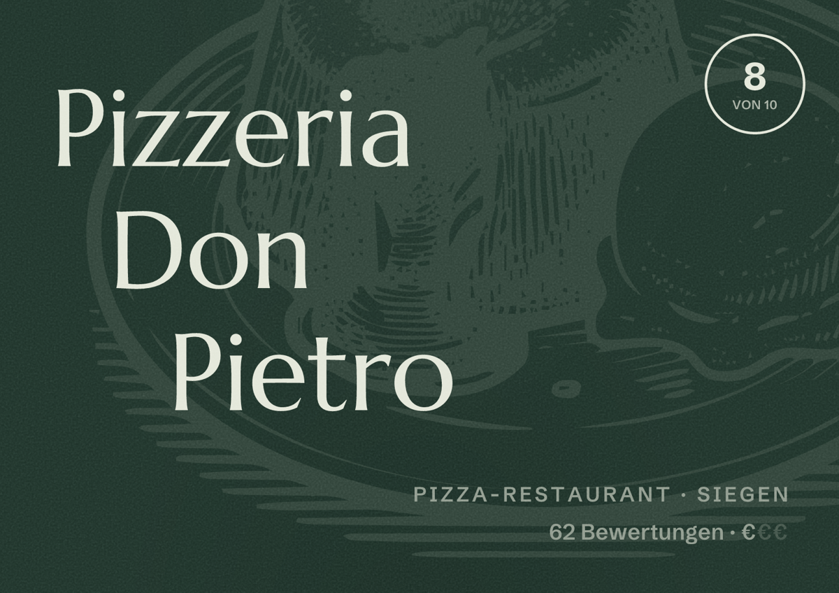 Illustriertes Poster von Pizzeria Don Pietro, Pizza-Restaurant in Siegen: Bewertung 8 von 10 aus 62 Bewertungen, Preisniveau €
