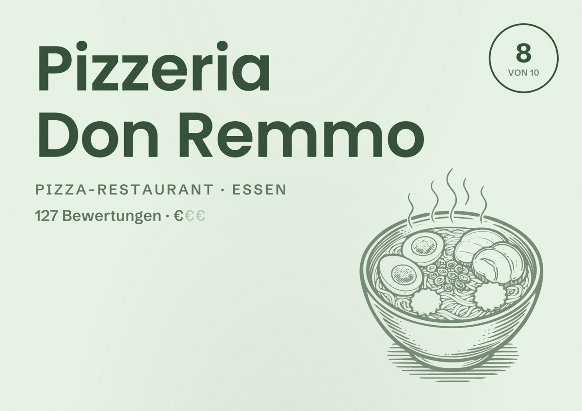 Illustriertes Poster von Pizzeria Don Remmo, Pizza-Restaurant in Essen: Bewertung 8 von 10 aus 127 Bewertungen, Preisniveau €