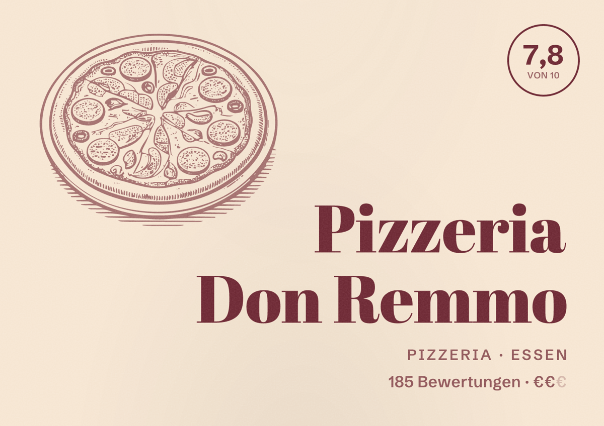 Illustriertes Poster von Pizzeria Don Remmo, Pizzeria in Essen: Bewertung 7,8 von 10 aus 185 Bewertungen, Preisniveau €€
