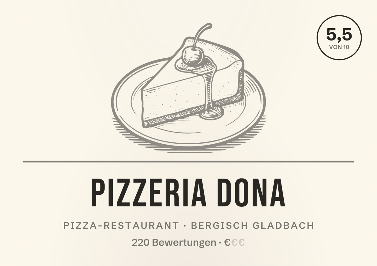 Illustriertes Poster von Pizzeria Dona, Pizza-Restaurant in Bergisch Gladbach: Bewertung 5,5 von 10 aus 220 Bewertungen, Preisniveau €