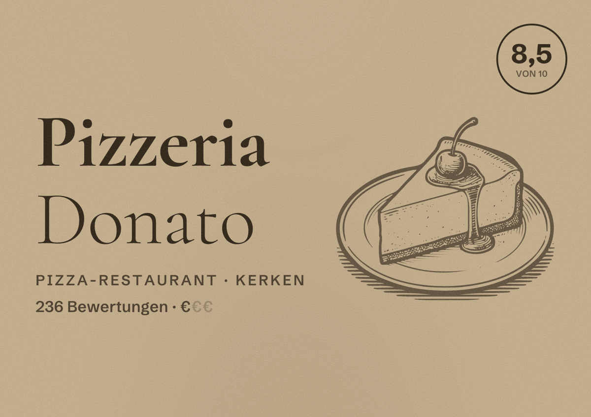 Illustriertes Poster von Pizzeria Donato, Pizza-Restaurant in Kerken: Bewertung 8,5 von 10 aus 236 Bewertungen, Preisniveau €