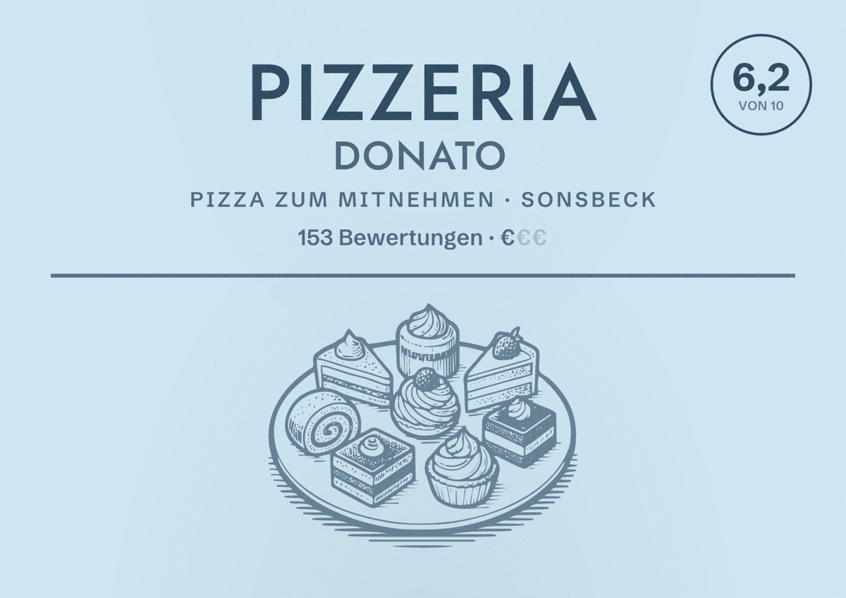 Illustriertes Poster von Pizzeria Donato, Pizza zum Mitnehmen in Sonsbeck: Bewertung 6,2 von 10 aus 153 Bewertungen, Preisniveau €
