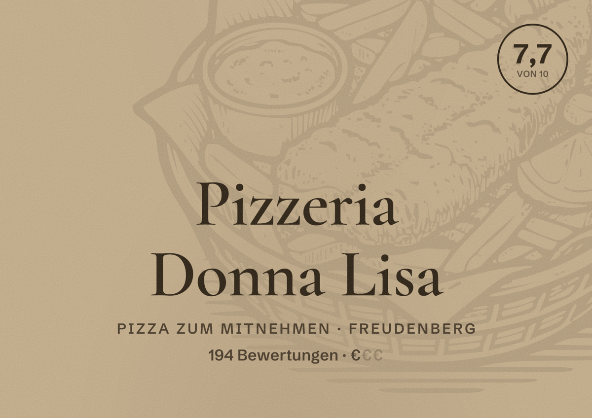 Illustriertes Poster von Pizzeria Donna Lisa, Pizza zum Mitnehmen in Freudenberg: Bewertung 7,7 von 10 aus 194 Bewertungen, Preisniveau €
