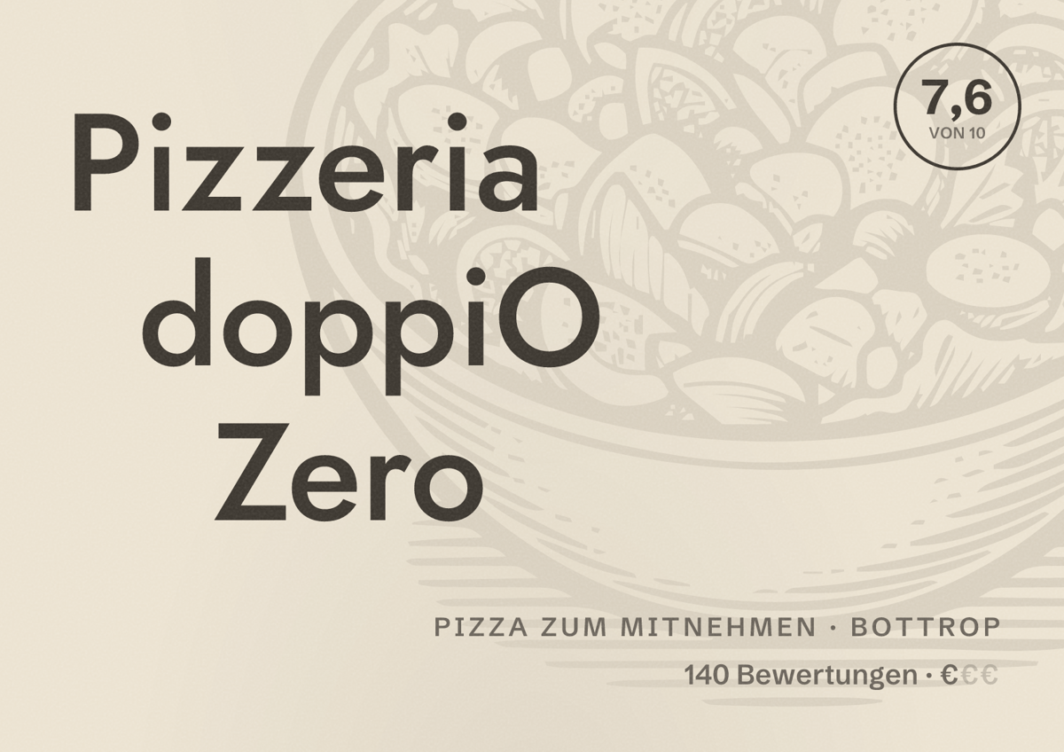Illustriertes Poster von Pizzeria doppiO Zero, Pizza zum Mitnehmen in Bottrop: Bewertung 7,6 von 10 aus 140 Bewertungen, Preisniveau €