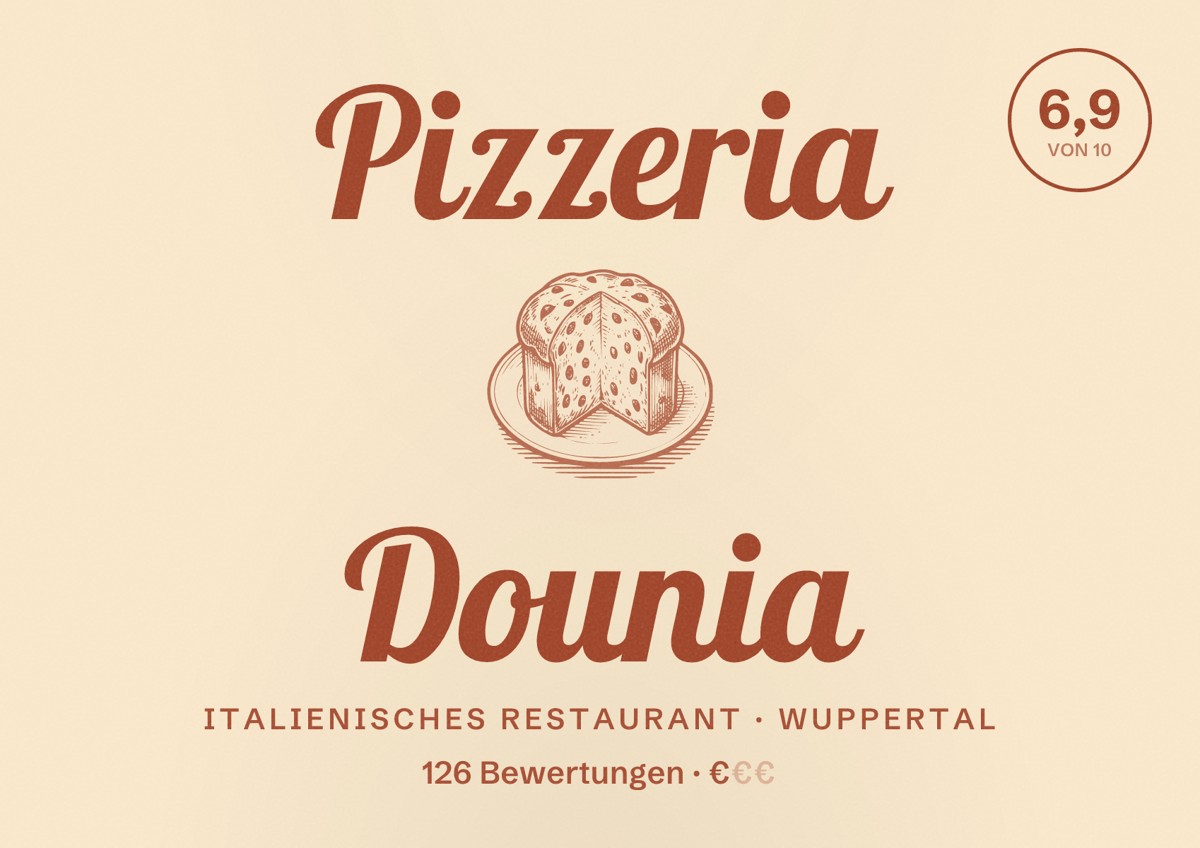 Illustriertes Poster von Pizzeria Dounia, Italienisches Restaurant in Wuppertal: Bewertung 6,9 von 10 aus 126 Bewertungen, Preisniveau €