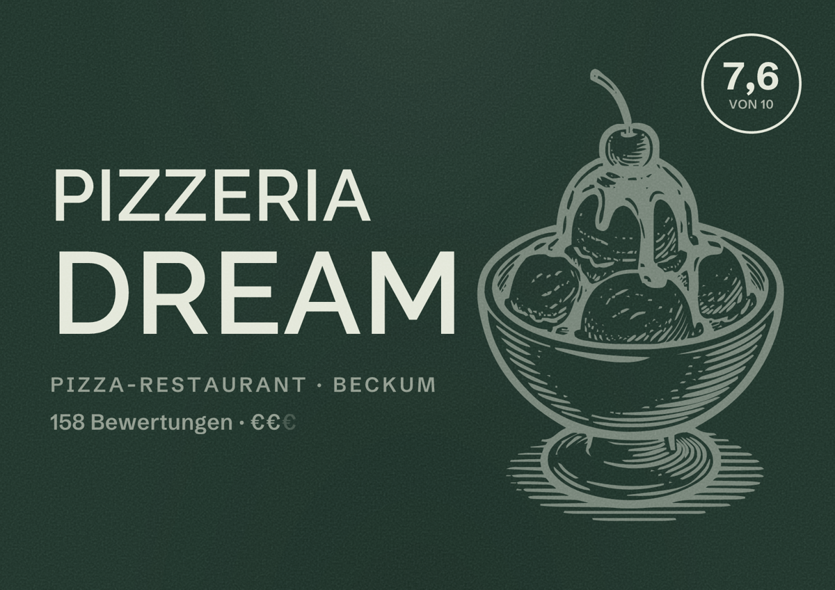 Illustriertes Poster von Pizzeria Dream, Pizza-Restaurant in Beckum: Bewertung 7,6 von 10 aus 158 Bewertungen, Preisniveau €€