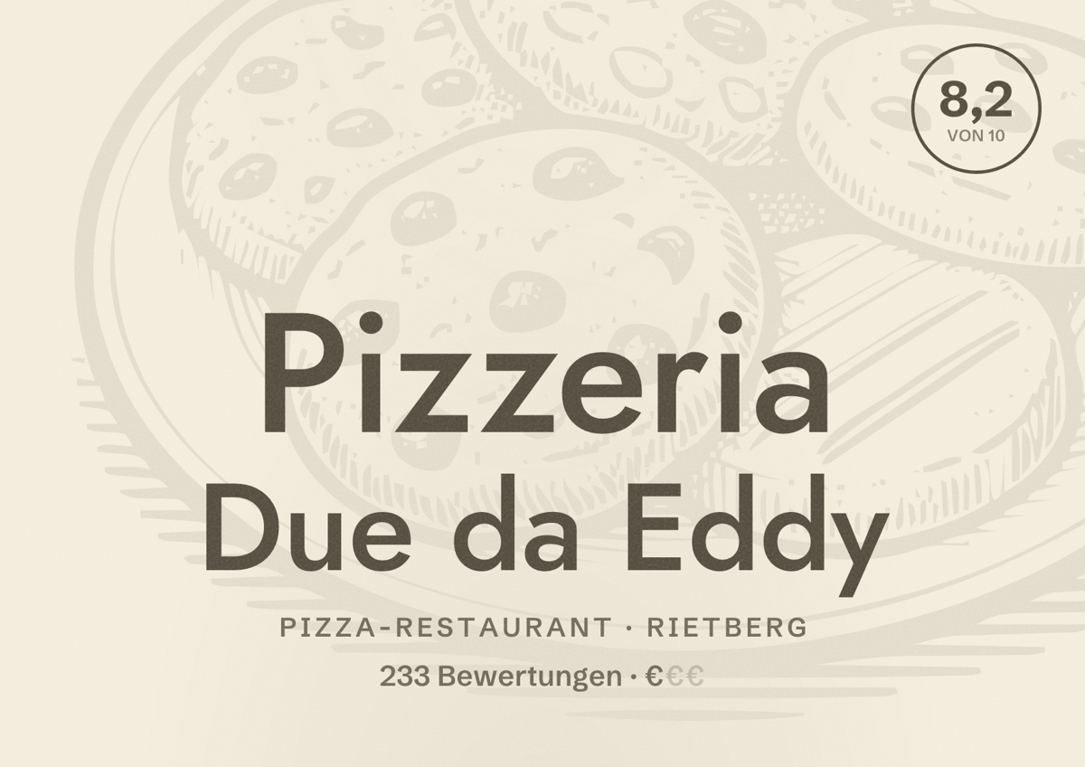 Illustriertes Poster von Pizzeria Due da Eddy, Pizza-Restaurant in Rietberg: Bewertung 8,2 von 10 aus 233 Bewertungen, Preisniveau €