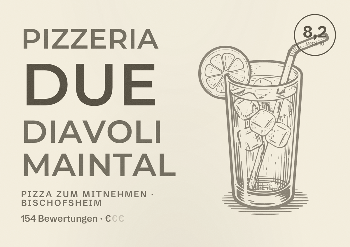 Illustriertes Poster von Pizzeria Due Diavoli Maintal, Pizza zum Mitnehmen in Bischofsheim: Bewertung 8,2 von 10 aus 154 Bewertungen, Preisniveau €