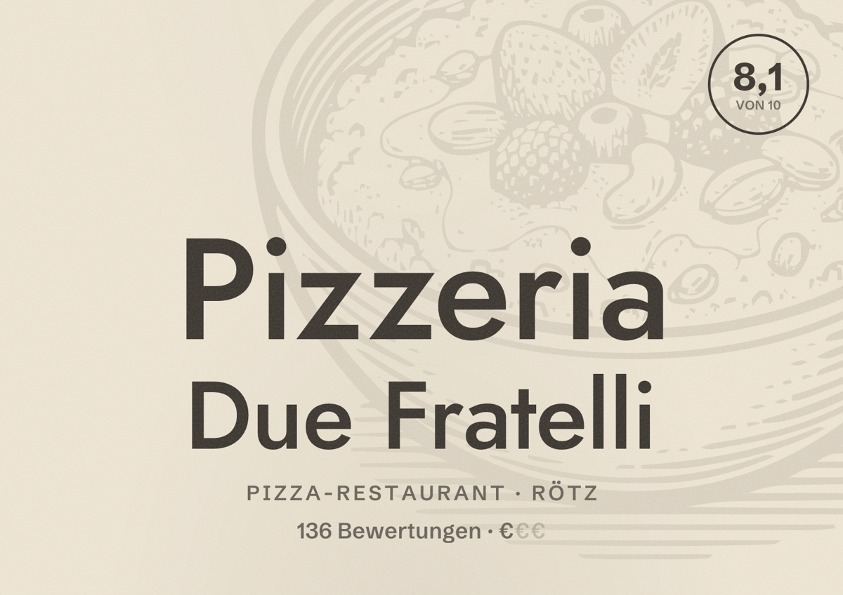Illustriertes Poster von Pizzeria Due Fratelli, Pizza-Restaurant in Rötz: Bewertung 8,1 von 10 aus 136 Bewertungen, Preisniveau €