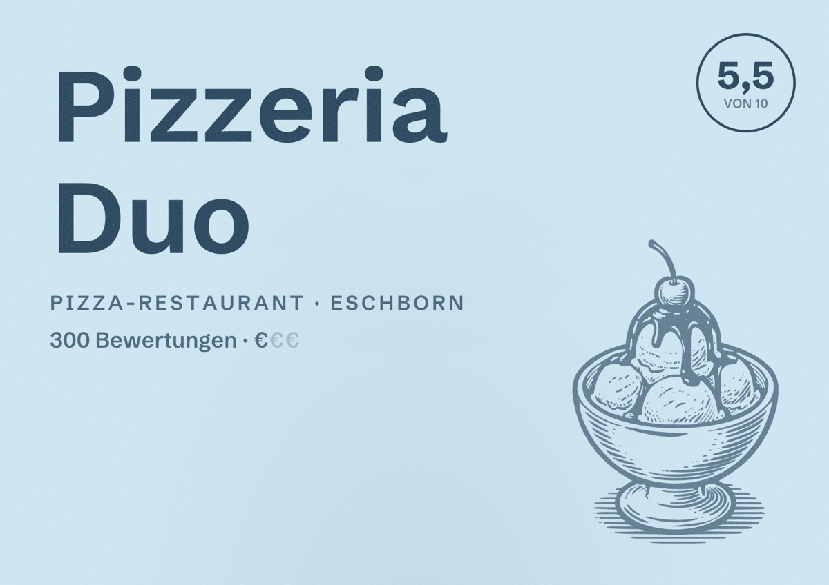Illustriertes Poster von Pizzeria Duo, Pizza-Restaurant in Eschborn: Bewertung 5,5 von 10 aus 300 Bewertungen, Preisniveau €
